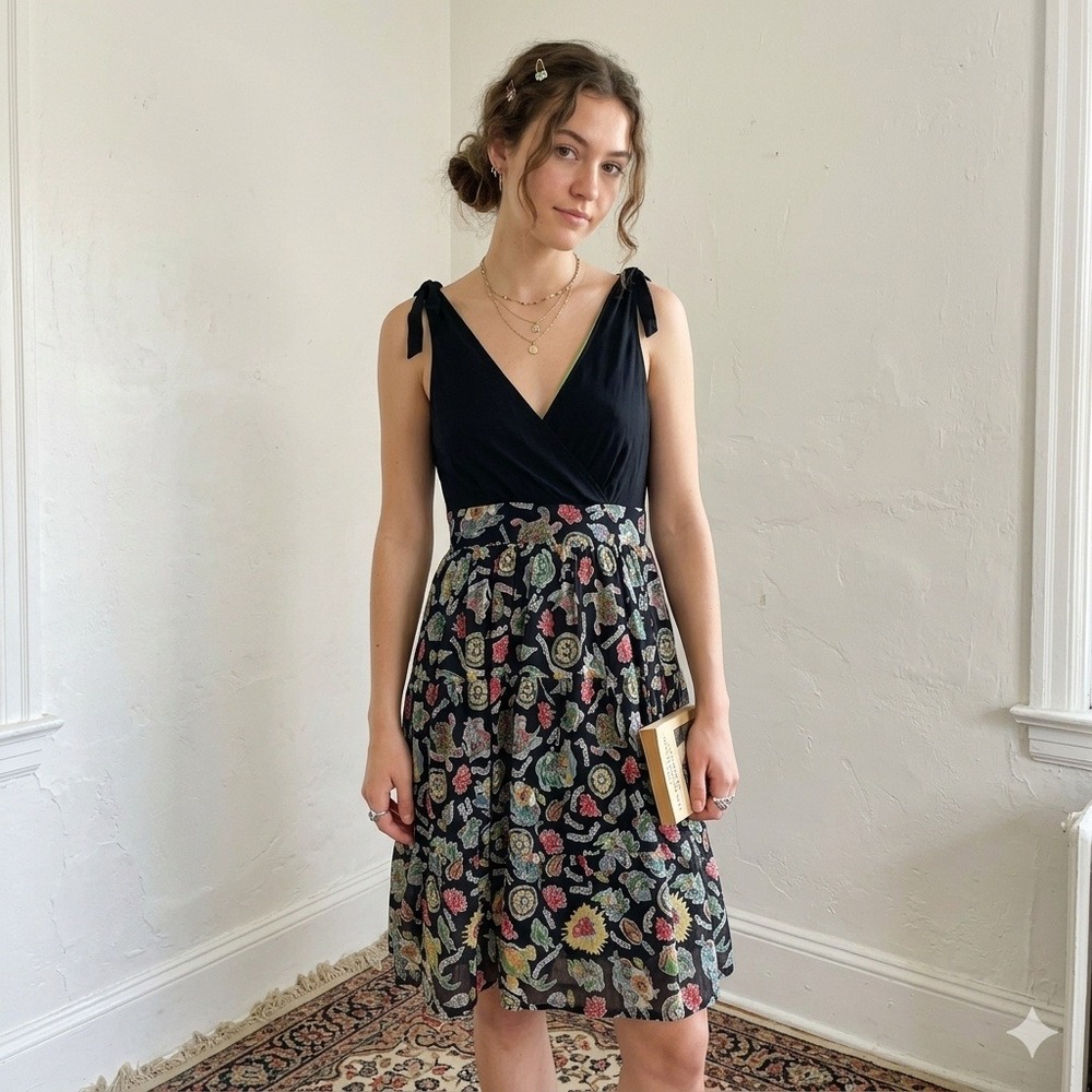 Vintage Anthropologie Maeve Dress Womens 4 Black Tropical Turtle Travel Print